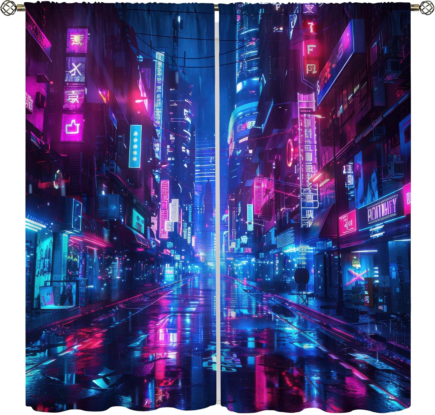 Home Office Backdrop - Cyberpunk Neon Tokyo Stadsschilderij Gordijn Waterdicht