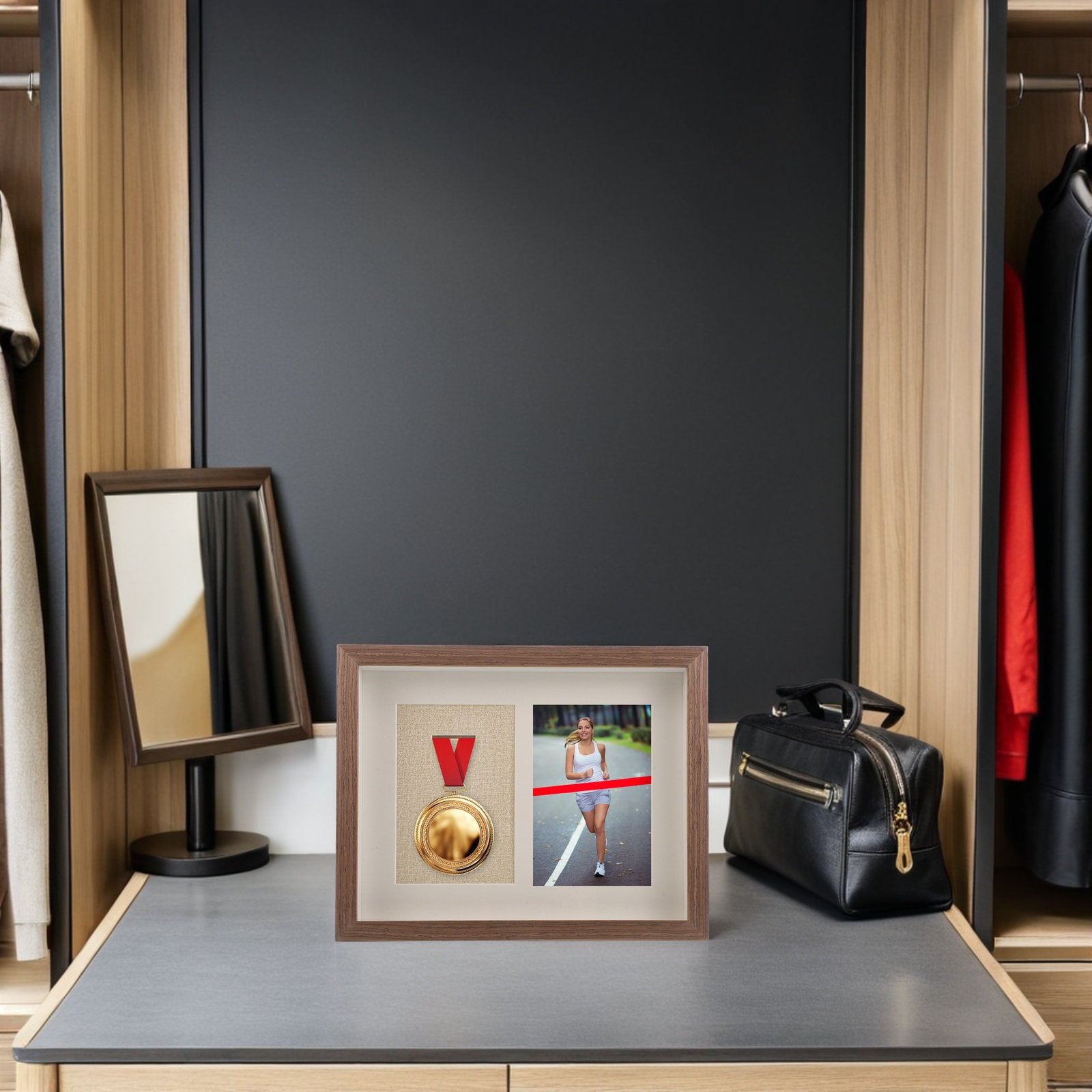 Home Office Box - Enkele medaille display kast, houten materiaal,